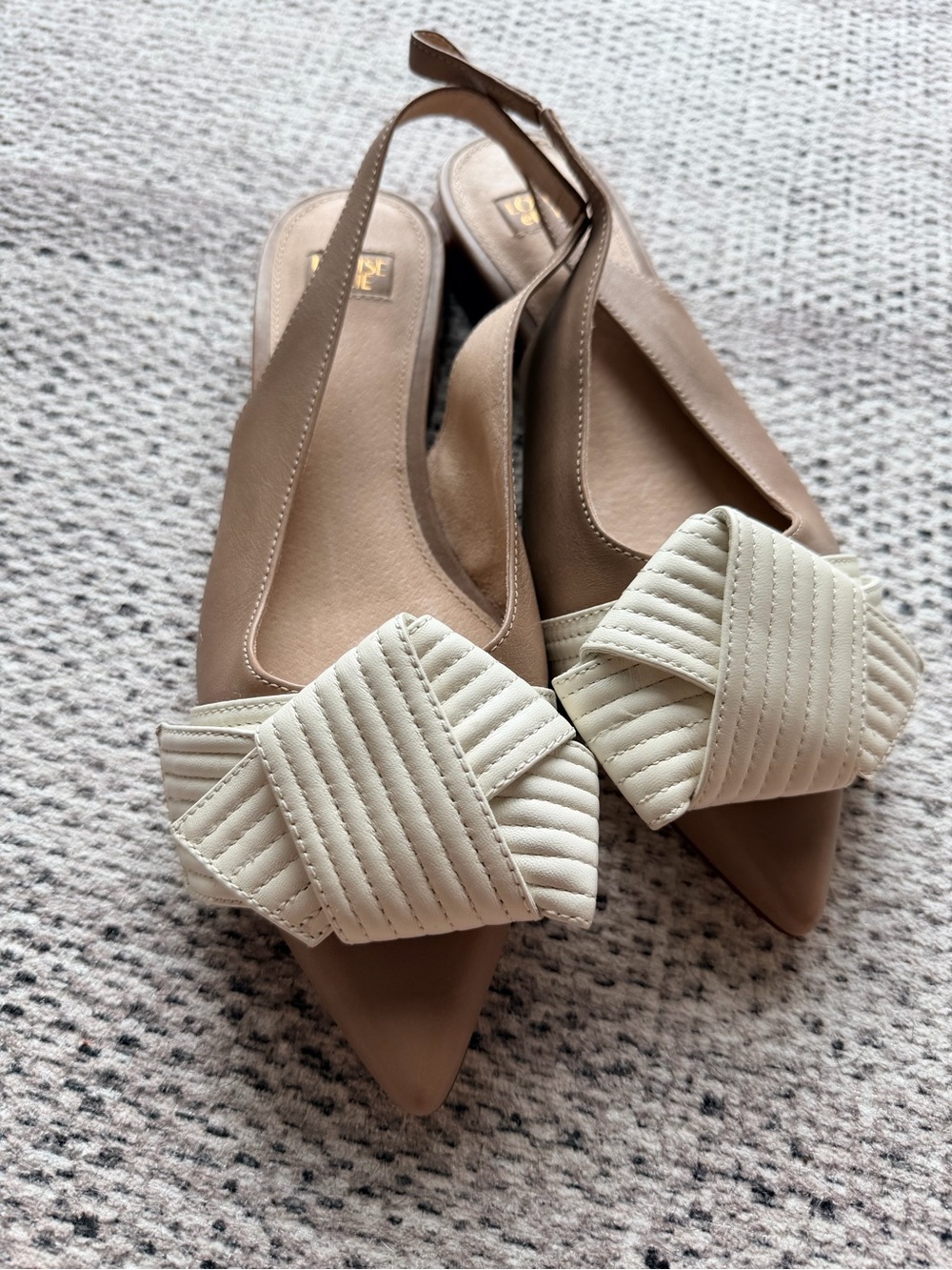 Louise et Cie Taupe Slingback Pointed Flats with Cream Quilted Bow